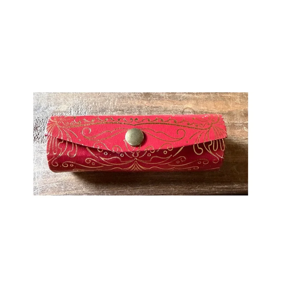 Vintage Italian Red Leather Lipstick Case Gold Florentine Scroll Mirror Italy